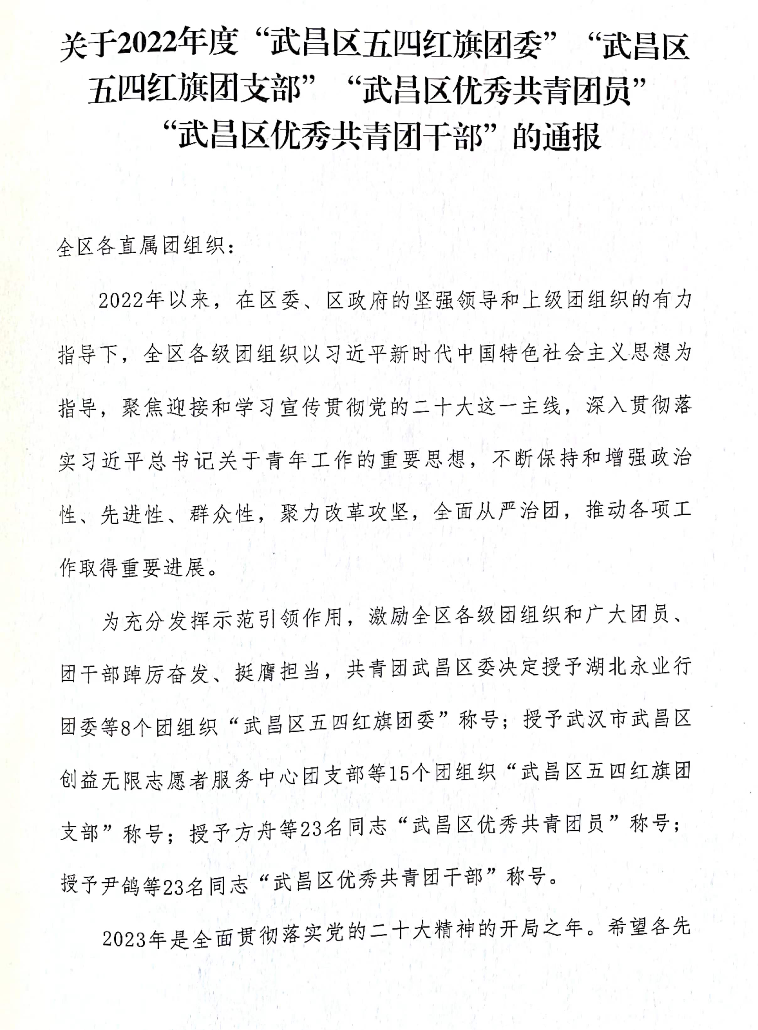 喜报！团武昌区委表彰bat365四个先进集体和个人！