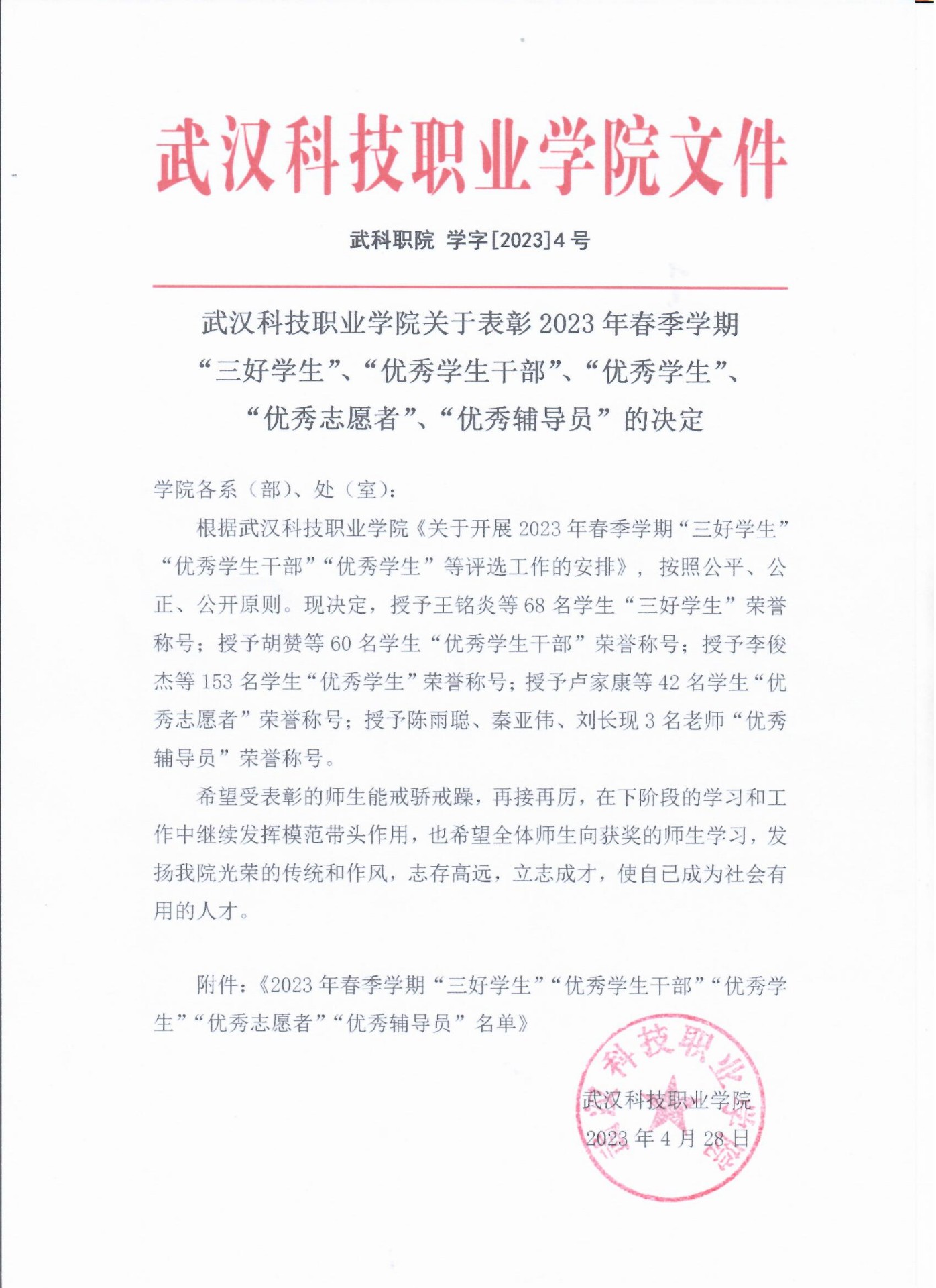 关于表彰bat3652023年春季学期“三好学生”、“优秀学生干部”、“优秀学生”、“优秀志愿者”、“优秀辅导员”的决定